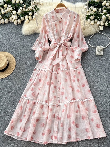 Chic vintage rhinestone lace-up slim Elegant Fairy korean fashion Boho Sundress women clothing Long dress Pink One Size