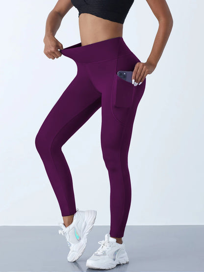 New High Waist Women's Leggings Stretch Yoga Pants Tights With Pockets Push Up Fitness Running Sportswear Solid Color Pants Dark purple