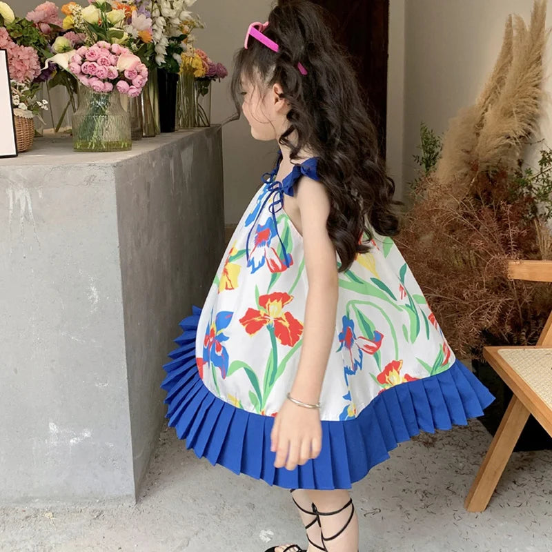 Girl Suspender Fluffy Dress Korean Style Summer Kids Flowers Printing Beach Princess Skirt Girls Breathable Knee-Length Dress