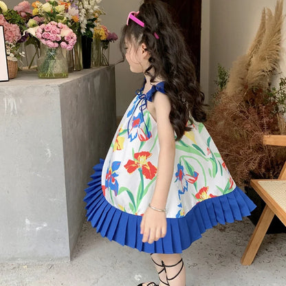 Girl Suspender Fluffy Dress Korean Style Summer Kids Flowers Printing Beach Princess Skirt Girls Breathable Knee-Length Dress