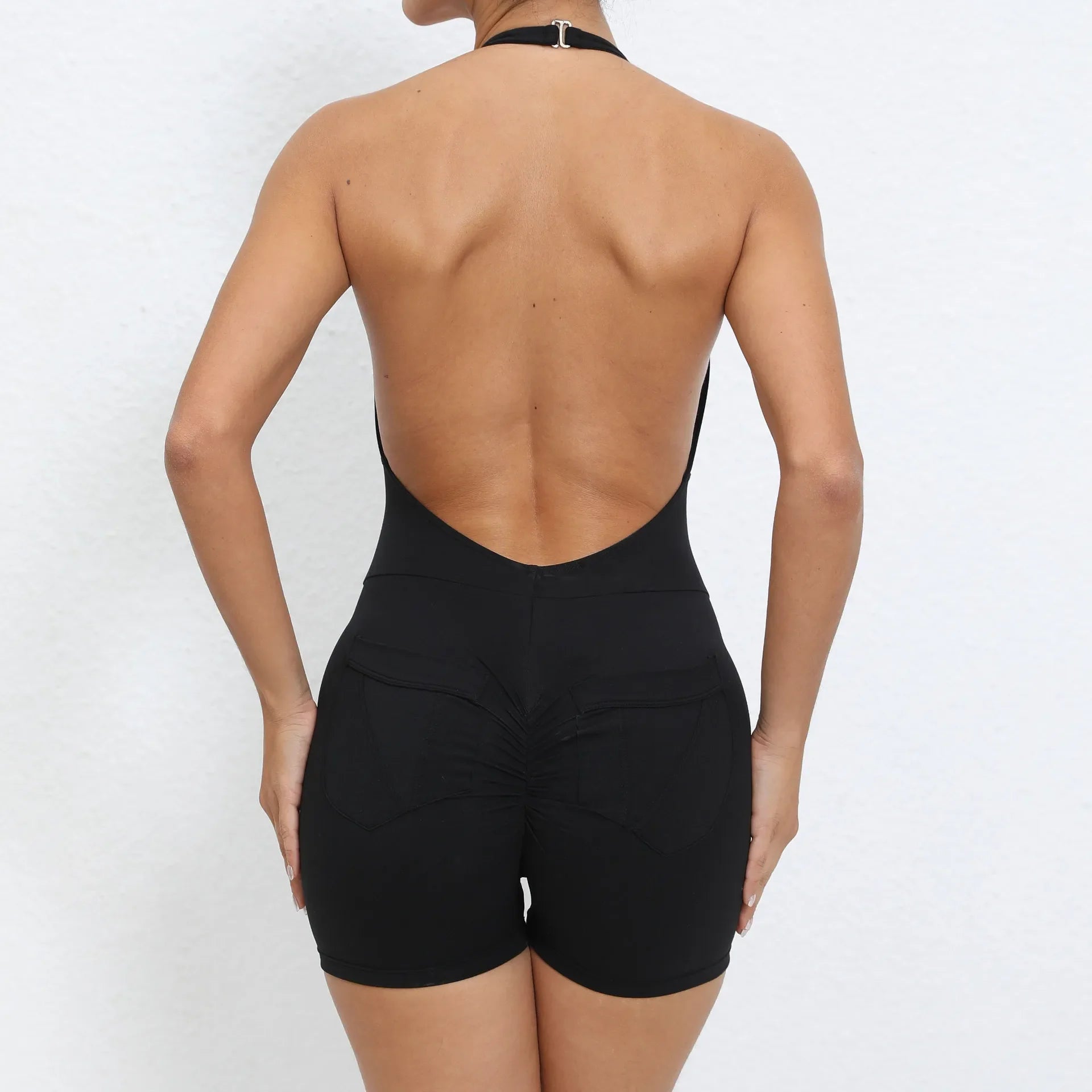 Gym Sport Jumpsuit Short Jumpsuit with Pocket Women Sportswear One Piece Yoga Set Sexy Backless Scrunch Fitness Overalls Romper black
