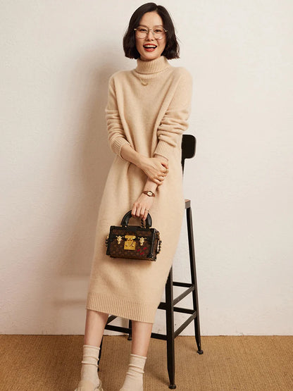 100% Cashmere Sweater Long Dress New Women High Turn-down Collar Pullover  Soft Cosy Autumn Winter Casual Solid Knitwear Dress Badiee Stylez