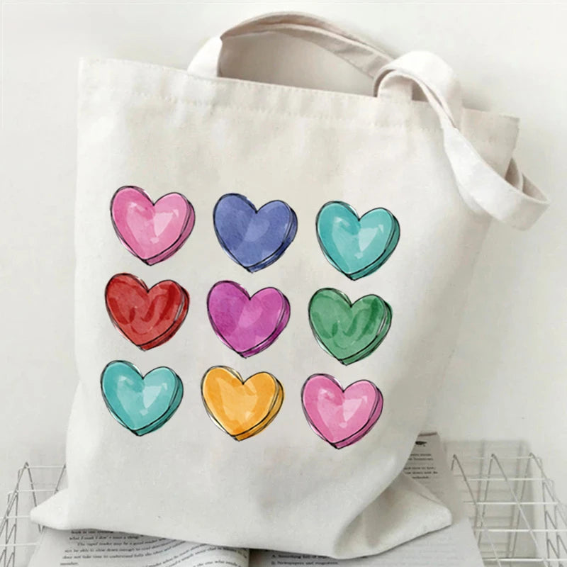 Fashion Love Heart Print Ladies Canvas Tote Casual Shoulder Bag Eco Large Capacity Portable Travel Shopping Bag Purses Handbags 5