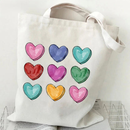 Fashion Love Heart Print Ladies Canvas Tote Casual Shoulder Bag Eco Large Capacity Portable Travel Shopping Bag Purses Handbags 5