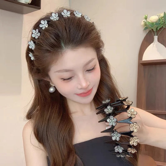 Flower Rhinestone Wave Hairband Headbands Hair Hoops Women Korean Retro Hair Hoops Face Wash Hairpin Fluffy Texture Toothed Comb