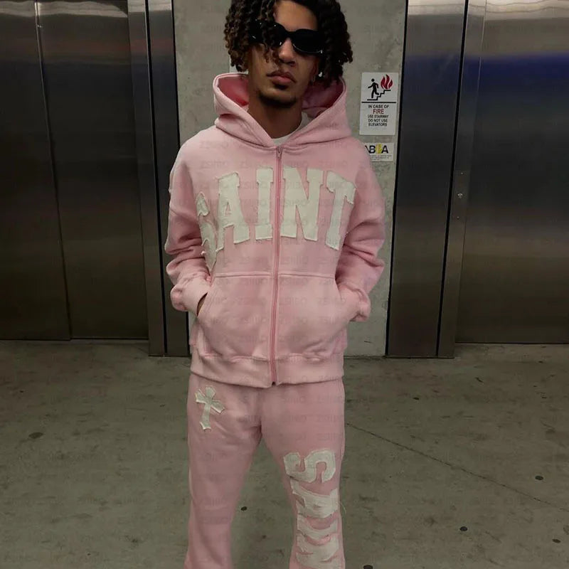 Y2K New European and American Fashion High Street Trendy Sweatshirts Hip Hop Zipper Jacket for Men Letter Patch Loose Hoodies pink top