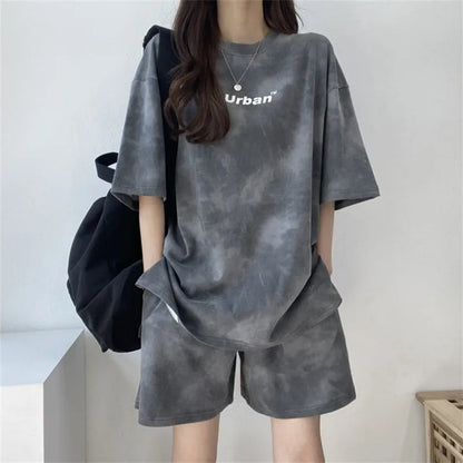 2Piece Suit Women T-Shirt Shorts Set Tie Dye Loose tshirt and wide leg middle shorts with pockets female Casual Soft Summer Sets Dark Grey