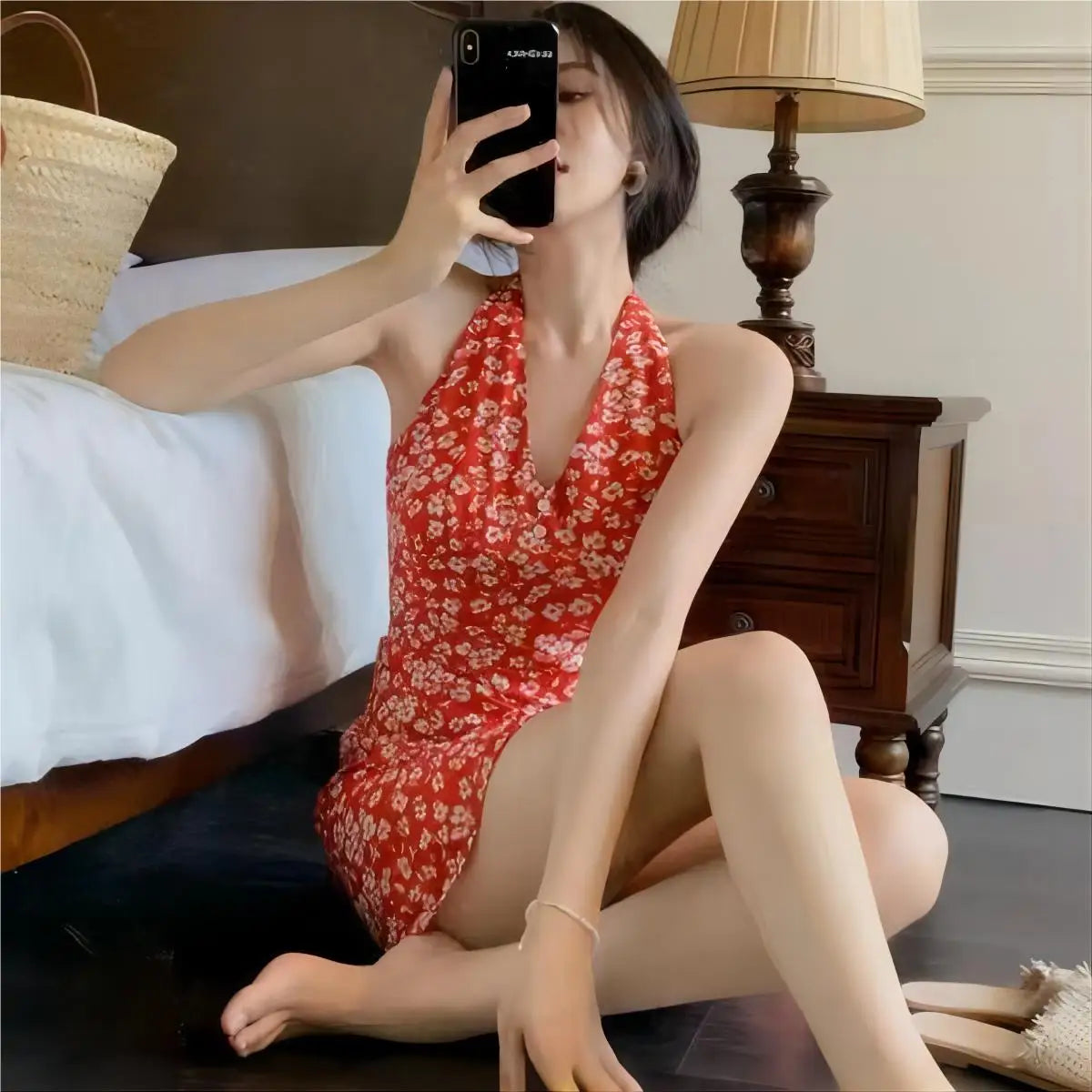 Women Mini Dresses Summer Fashion Female Vestidos Print Floral Chiffon Dresses Shirring Pleated Short Puffy Sleeve Casual Dress