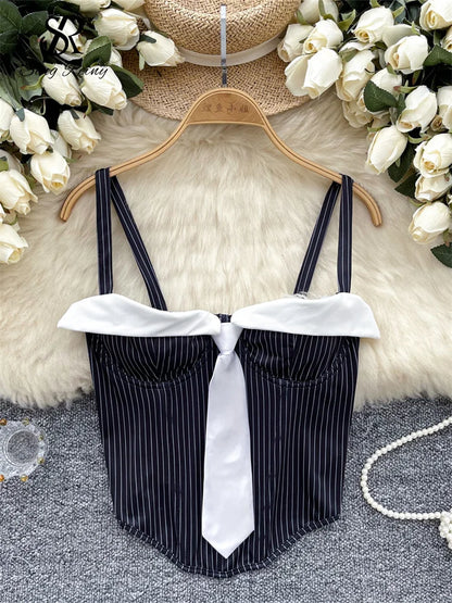 SINGREINY Summer Corset Stripe Tank Top Women Tie Strapless Chic Backless Hotsweet Camis 2025 Streetwear Club Sexy Mini Top black