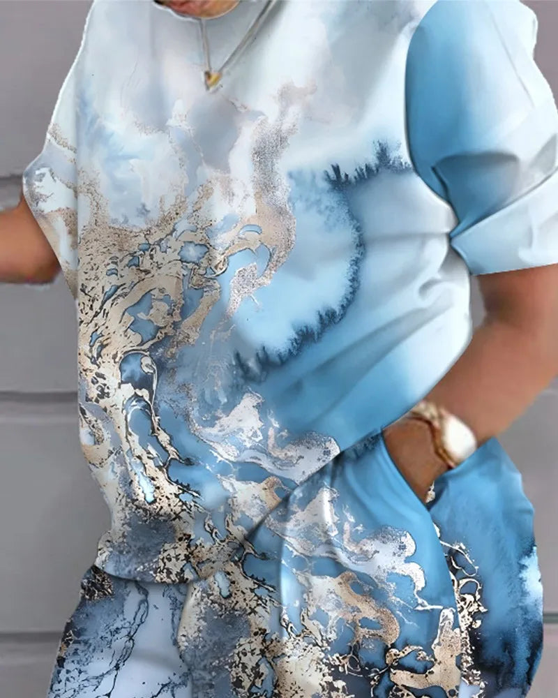 Women's T-shirt+Hot Pants Two Piece Set 2024 Summer Fashion Casual Printing Quick Drying Sports Fitness Top Shorts Female Suit