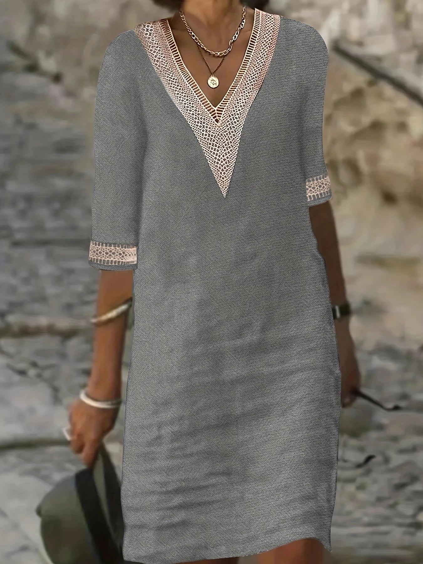 Chic Guipure Lace V-Neck Tunic Dress - Easy-Care, Knee-Length, All- Season Comfort with Stylish Hollow Details Badiee Stylez