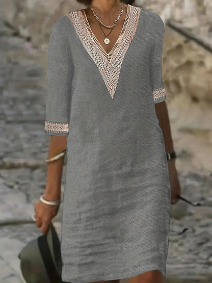 Chic Guipure Lace V-Neck Tunic Dress - Easy-Care, Knee-Length, All- Season Comfort with Stylish Hollow Details Badiee Stylez