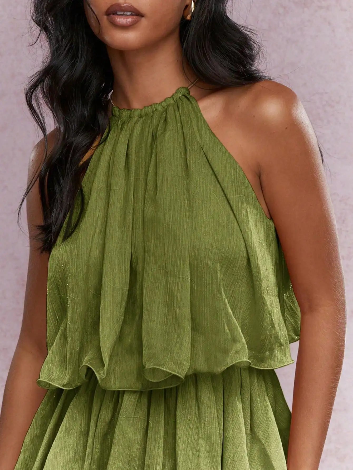 Women's Boho Elegant Tiered Ruffle Mini Dress Sleeveless Halter Neck Party Dress St Pleated Flowy Green Holiday Outfit