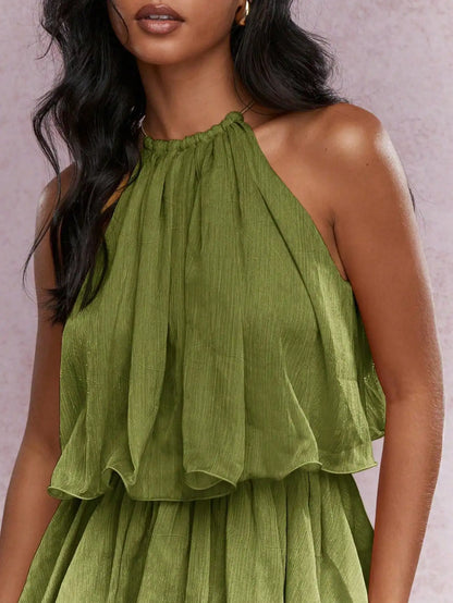 Women's Boho Elegant Tiered Ruffle Mini Dress Sleeveless Halter Neck Party Dress St Pleated Flowy Green Holiday Outfit
