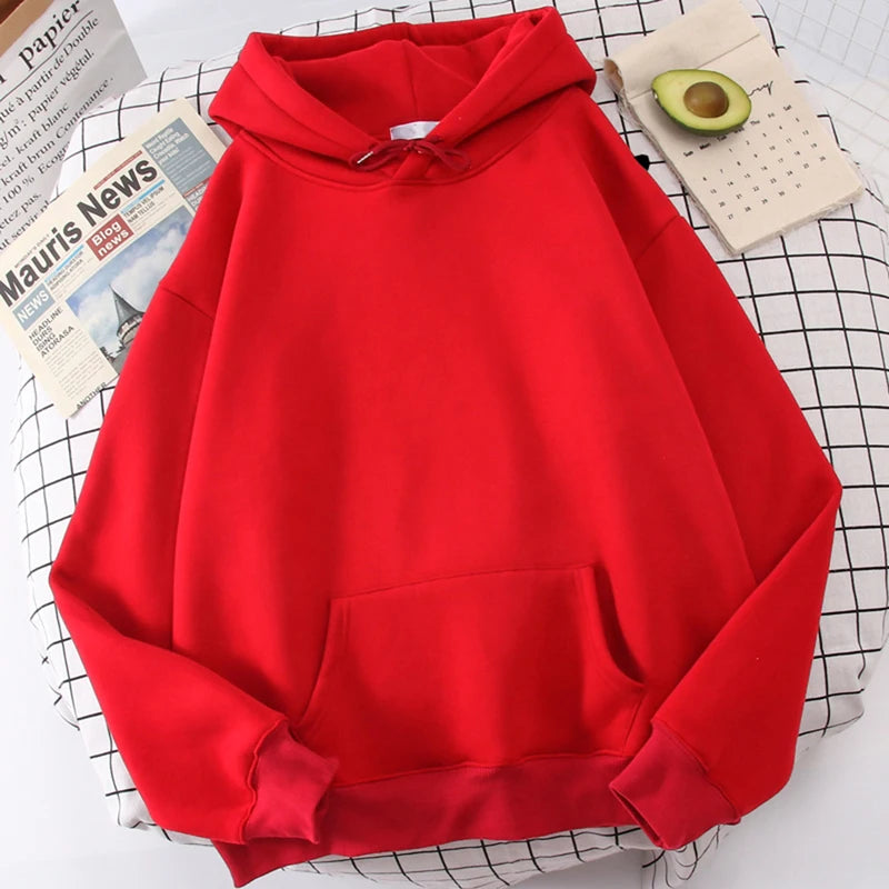 Autumn Casual Women's Solid Hoodie Comfortable Strecth Sweatshirts Loose Pocket Warm Clothes Fashion Street Female Pullovers Red