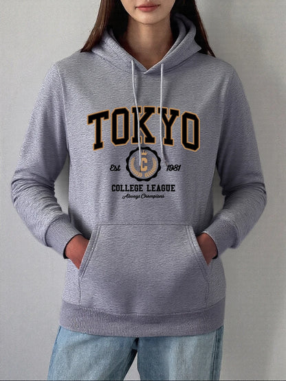 Tokyo College League Prints Hoodie Women Winter Fleece Warm Pullover Basics Pocket Sweatshirt Casual Comfortable Womans Clothes Gray