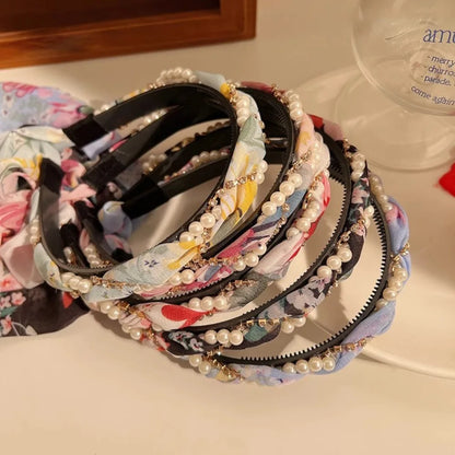 Retro Silk Scarf Headband Floral Print Pearl Braided Hairband Adjustable Bow Non Slip Ribbon Hairband for Women Girls Kid