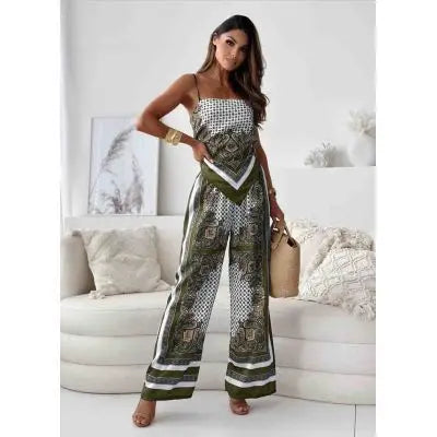 Summer New Women's Fashion Printed Sleeveless Strap Wrap Chest Sexy Strap Open Back+Positioning Flower Pants Set Two Piece Set