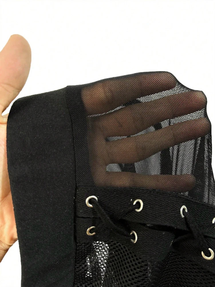 Plus Size Rave Coachella Women's Cock Eye Webbing Drawstring Tie-Up Mesh Spliced Mesh Trousers Punk Style