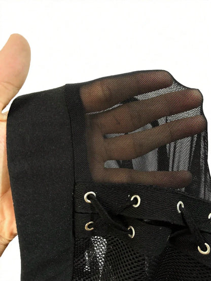 Plus Size Rave Coachella Women's Cock Eye Webbing Drawstring Tie-Up Mesh Spliced Mesh Trousers Punk Style