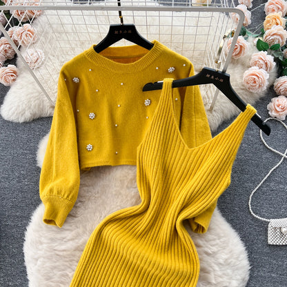 SINGREINY Beading Casual Two Piece Set Women Long Sleeve O Neck Pullover Midi Dress Fashion 2023 Winter Sweater Suit Dresses Badiee Stylez