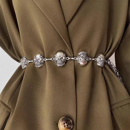 Punk Skull Silver Waist Chain Belt Female Gothic Designer Belts For Women Rock High-end Luxury Brands Metal Y2K Waistband Badiee Stylez