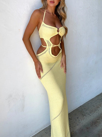 Women's Sleeveless Knit Long Dress Solid Color Halter Front Cutout Back Tie-Up Slim Dress Summer Beach Casual Dress