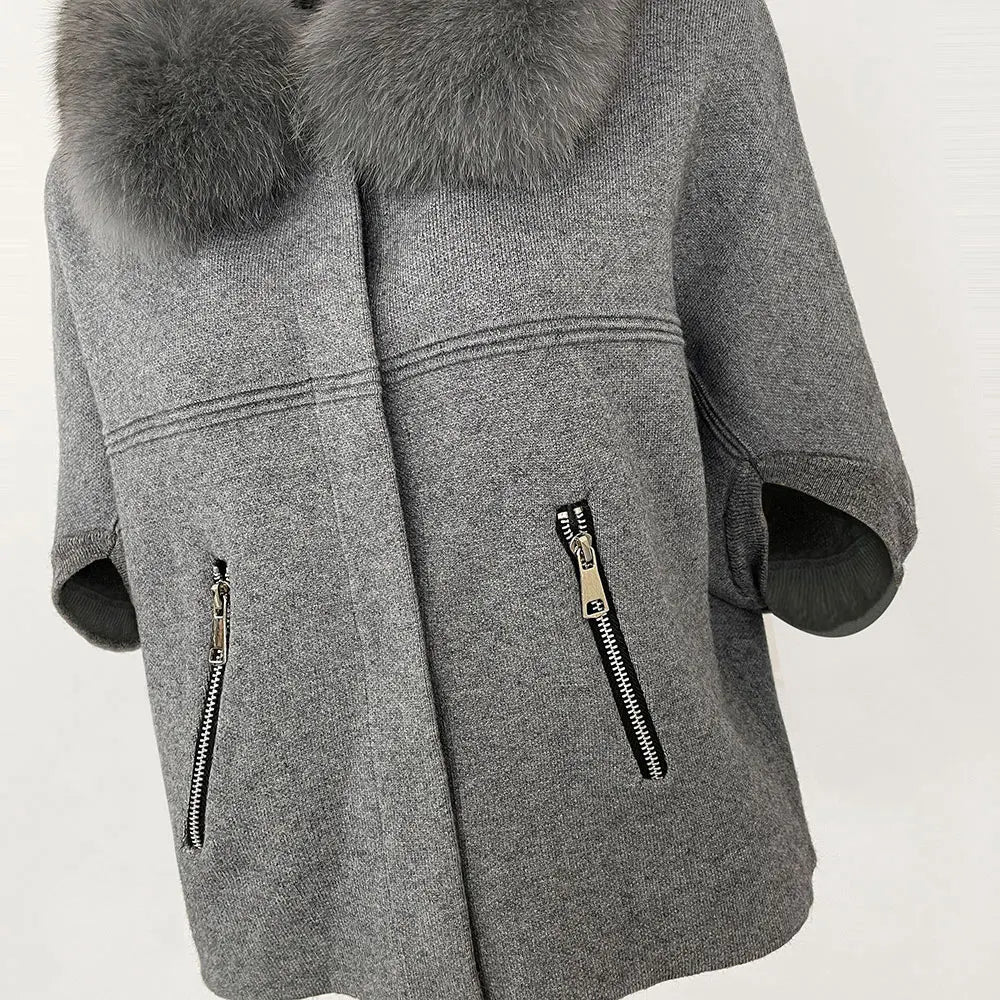 FURYOURSELF 2025 New Real Fox Raccoon Fur Collar Coat Knitted Sweater Women Short Sleeve Jacket Thick Warm Outerwear streetwear