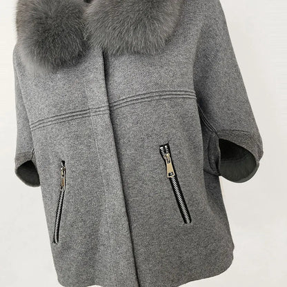 FURYOURSELF 2025 New Real Fox Raccoon Fur Collar Coat Knitted Sweater Women Short Sleeve Jacket Thick Warm Outerwear streetwear