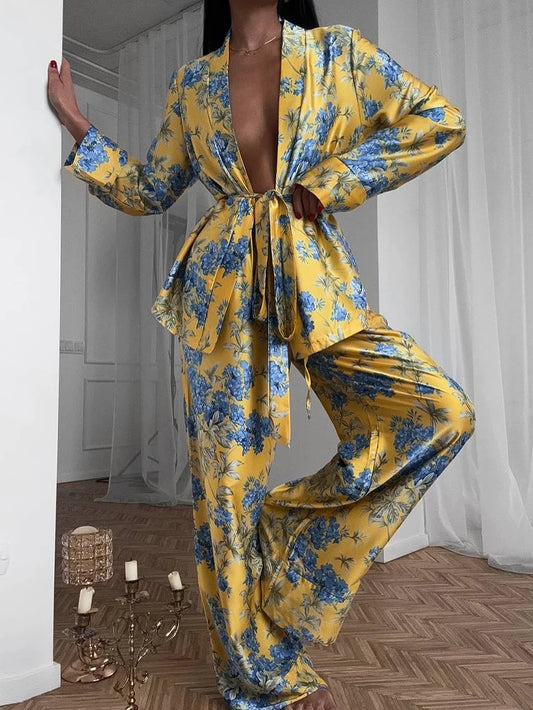 Marthaqiqi Fashion Women Nightwear Suit V-Neck Pajamas Long Sleeve Nightie Lace Up Nightgowns Pants Printing Ladies Pyjamas Set