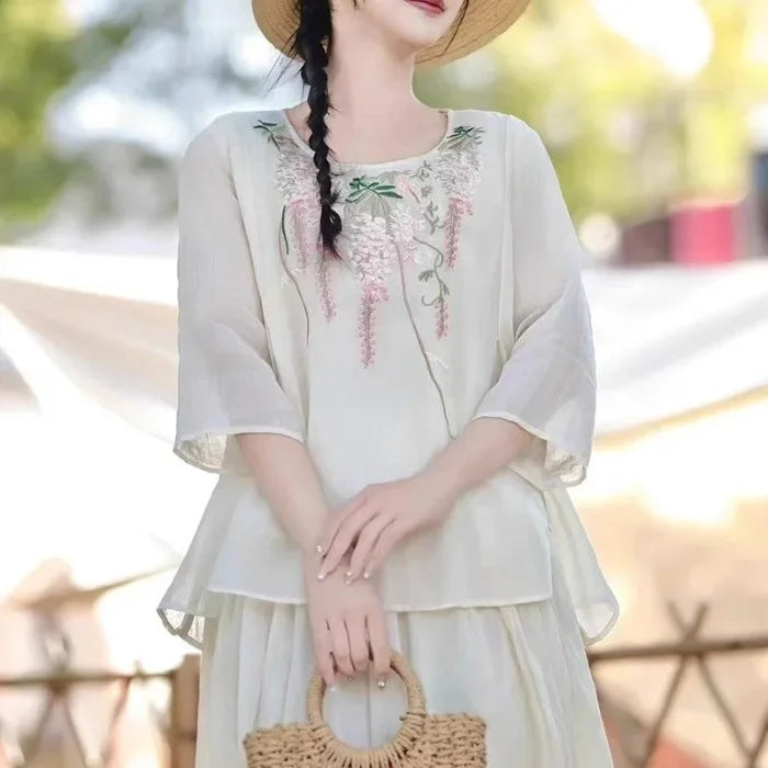 Thin Streetwear Vintage Clothes Ethnic Style Cotton Linen Shirts for Women Clothing Top Tshirt Tees Fashion Casual Embroidery Beige