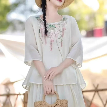 Thin Streetwear Vintage Clothes Ethnic Style Cotton Linen Shirts for Women Clothing Top Tshirt Tees Fashion Casual Embroidery Beige