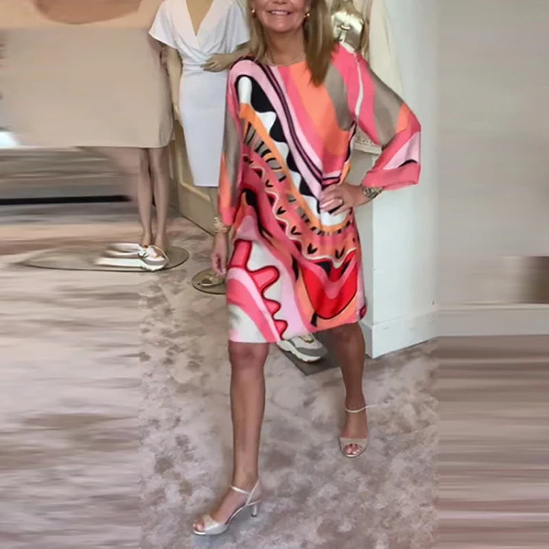 Ladies Elegant Crew-neck Pullover Office Dress Autumn All Match Pattern Print Female Dress 2024 Chic Long Sleeve Commuter Dress