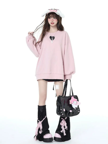 Sweet Sweatshirt Women Clothing Bow Bangage O-neck Long Sleeve Casual Y2k Tops 2025 Ropa Mujer Fashion Japanese Y2k Hoodies