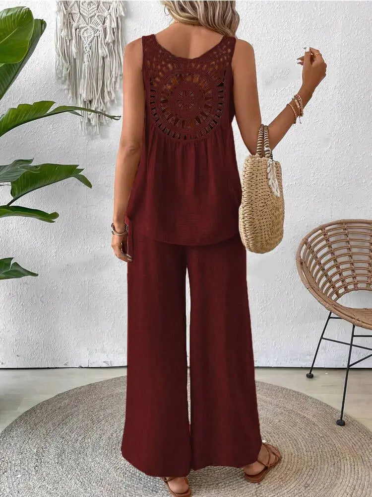 Hollow Out 2 Piece Sets Women Lace Sleeveless Top Wide Leg Pants Set Solid Color New Matching Sets 2 Piece Sets Women New 2024