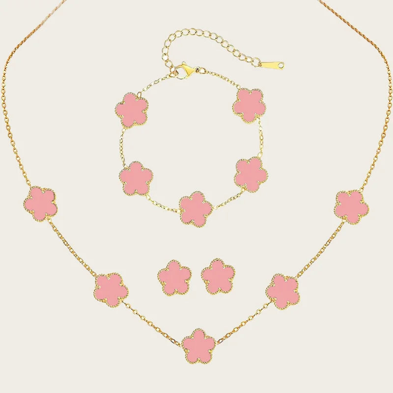 Stainless Steel Sets Earrings Necklace Bracelet Christmas Birthday Gifts Gold Plated Women's Double Sided Flower Elegant Fashion pink-gold