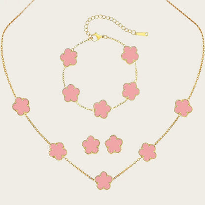 Stainless Steel Sets Earrings Necklace Bracelet Christmas Birthday Gifts Gold Plated Women's Double Sided Flower Elegant Fashion pink-gold