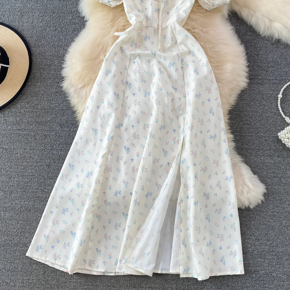 Summer Vintage Dress Blue Floral Summer Bubble Sleeve Tie Up Sexy Dresses Women A-line Print Split Long Dress Elegant Vestidos