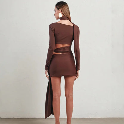 Nsauye Women New Fashion Halter Long Sleeve Mini Hollow Out Irregular Dress Outfits Elegant Sexy Night Club Lace Up Party Dress