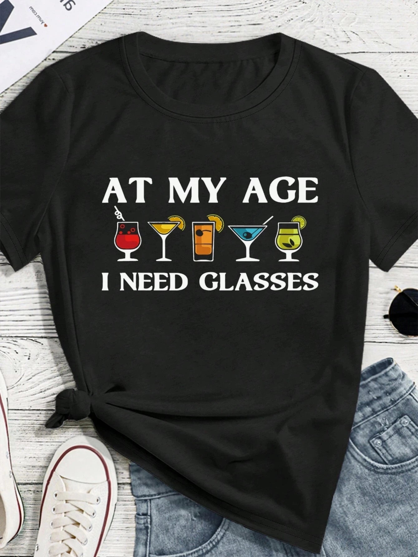 Plus Size SHEIN LUNE Fashionable Minimalist Wine Glass Print Casual Short Sleeve T-Shirt Graphic Tees Women Tops black