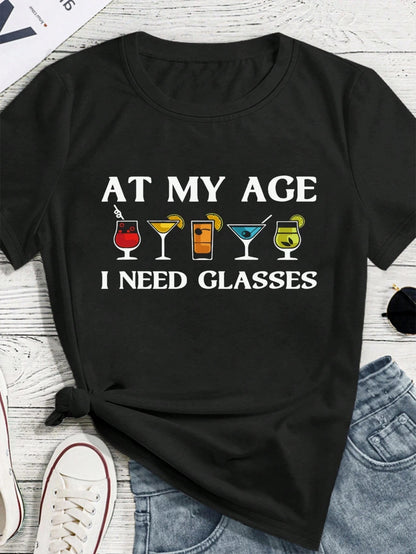 Plus Size SHEIN LUNE Fashionable Minimalist Wine Glass Print Casual Short Sleeve T-Shirt Graphic Tees Women Tops black