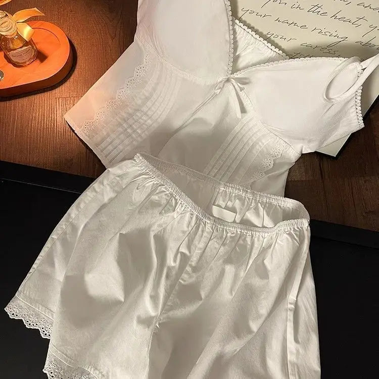 Lace Sleepwear Women Pajama Sets Spaghetti Strap Piiama Shorts Sets 2 Pieces Korean Night Wears Summer Cute White Home Suit 2025