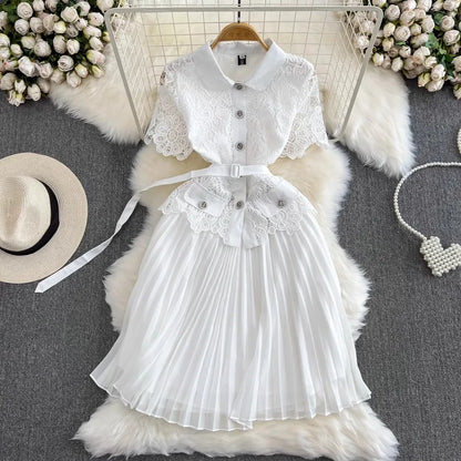 Summer Elegant Crochet Lace Patchwork Chiffon Pleated Dress Women's Short Sleeve Hollow Out Flower Buttons Belt Runway Vestidos