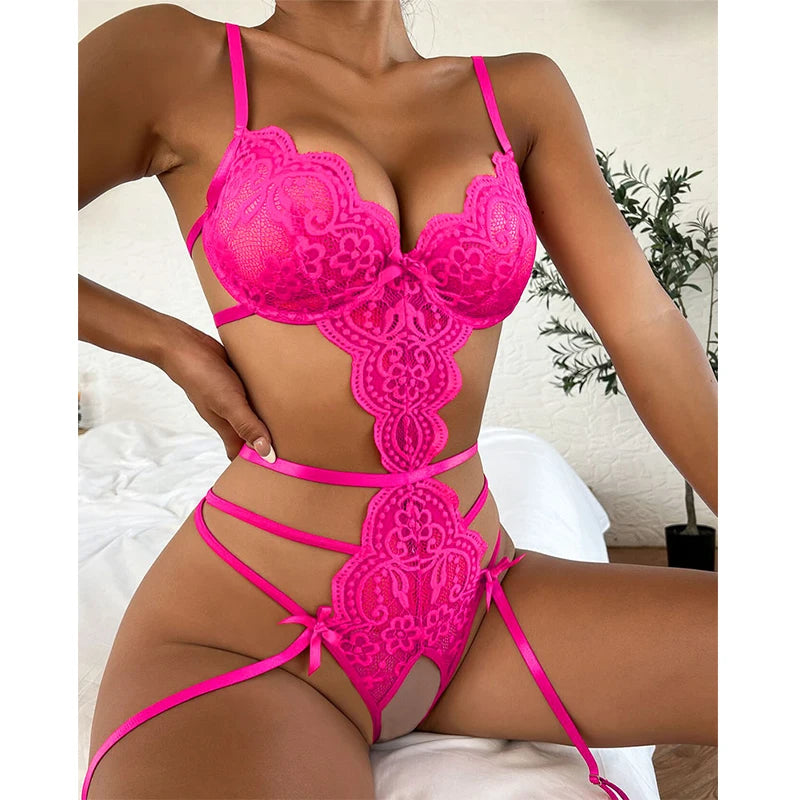 Exotic Lingerie Sexy Floral Lace Underwear Erotic Open Crotch Babydoll Plus Size Women Porn Bra Set Bowknot Pajamas Nightwear BS162-rose