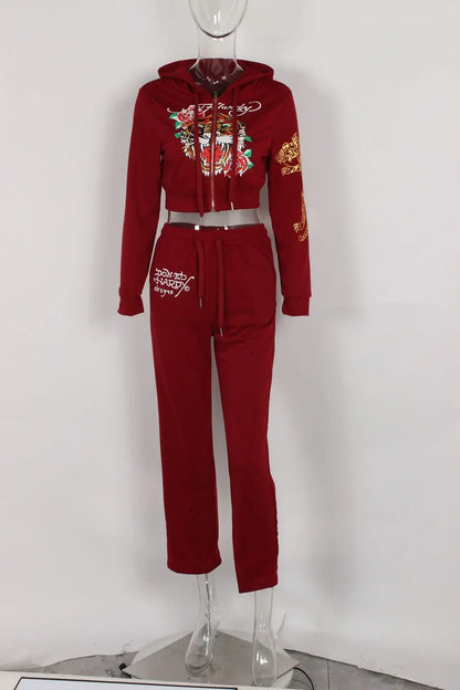 Bangniweigou Skull Love Print Zipper Short Cardigan + High Waist Straight Leg Pants Two Piece Set Women Tracksuit Autumn Winter Burgundy