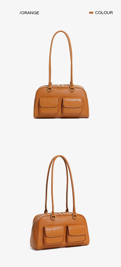 Burminsa Cowhide Genuine Leather Underarm Shoulder Bags For Women 2025 Luxury Designer Korean Bowling Tote Work Ladies Handbags