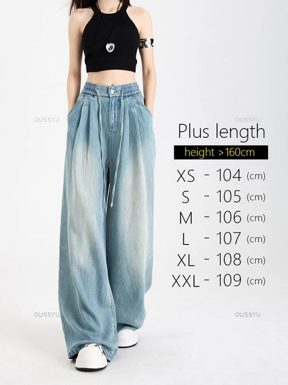 Summer Luxury Soft Cozy 100%Lyocell Fabric Woman Jeans Loose Wide Leg Elastic Waist Pants Fashion Casual Trousers Plus Length Blue-plus length CHINA