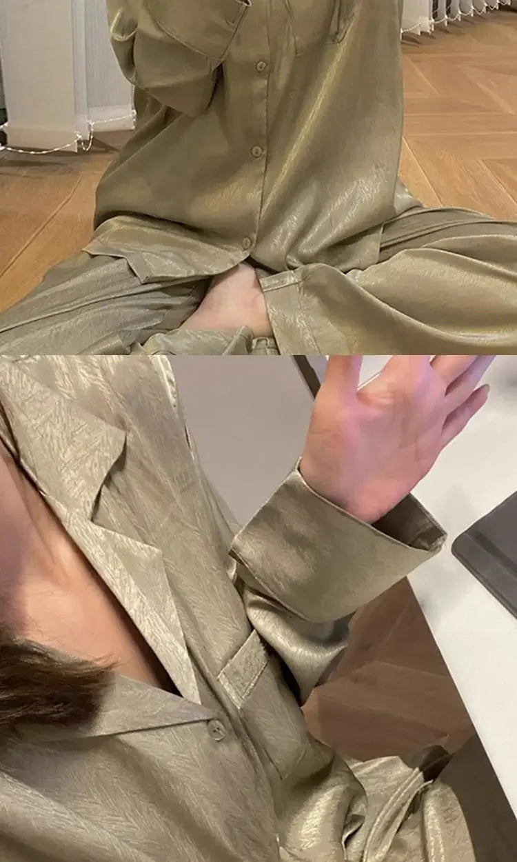 Women's Gray Ink Painting Ice Silk Pajamas Ladies Spring and Autumn Thin Long-Sleeved High-End Sleepwear Loungewear Cherry Print