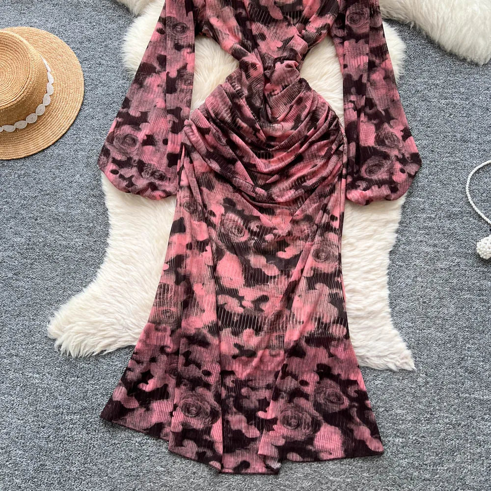 Chic vintage long sleeve Criss-Cross print pleated Elegant Fairy korean fashion dress women clothing Long dress