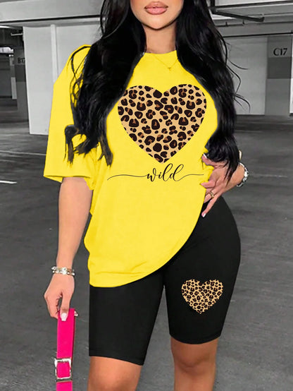 Leopard Heart Pattern Printing Shorts Sets Fashion Cartoon Women'S Two Piece Set Breathable Comfortable Short Sleeved Shorts Set Badiee Stylez